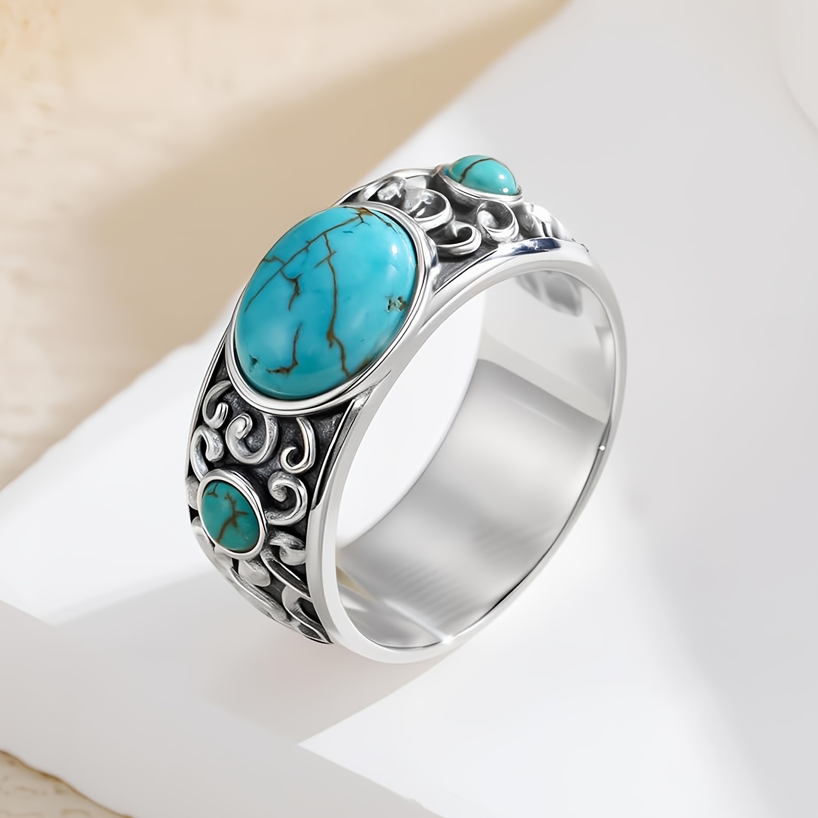 Women's Retro Unique Carved Ring with 3pcs Turquoise Inlay